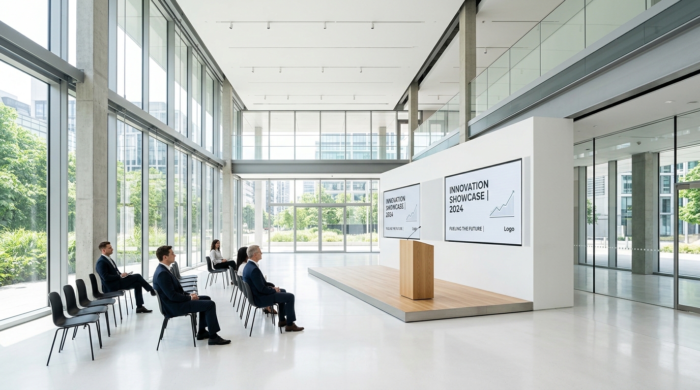 Modern architectural photography &bull; Sunlit innovation showcase gallery and presentation stage